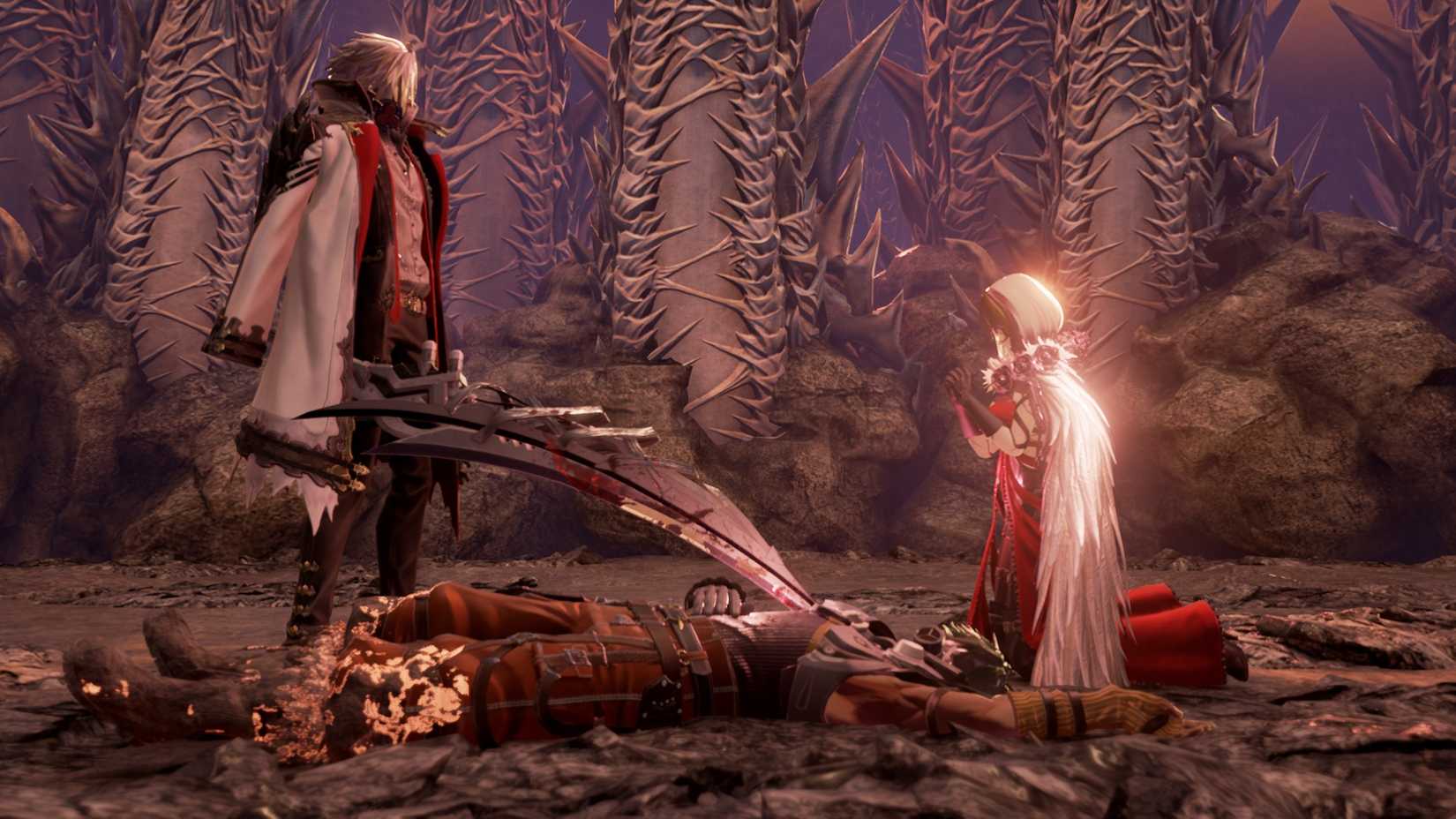 Code Vein characters stand over fallen person