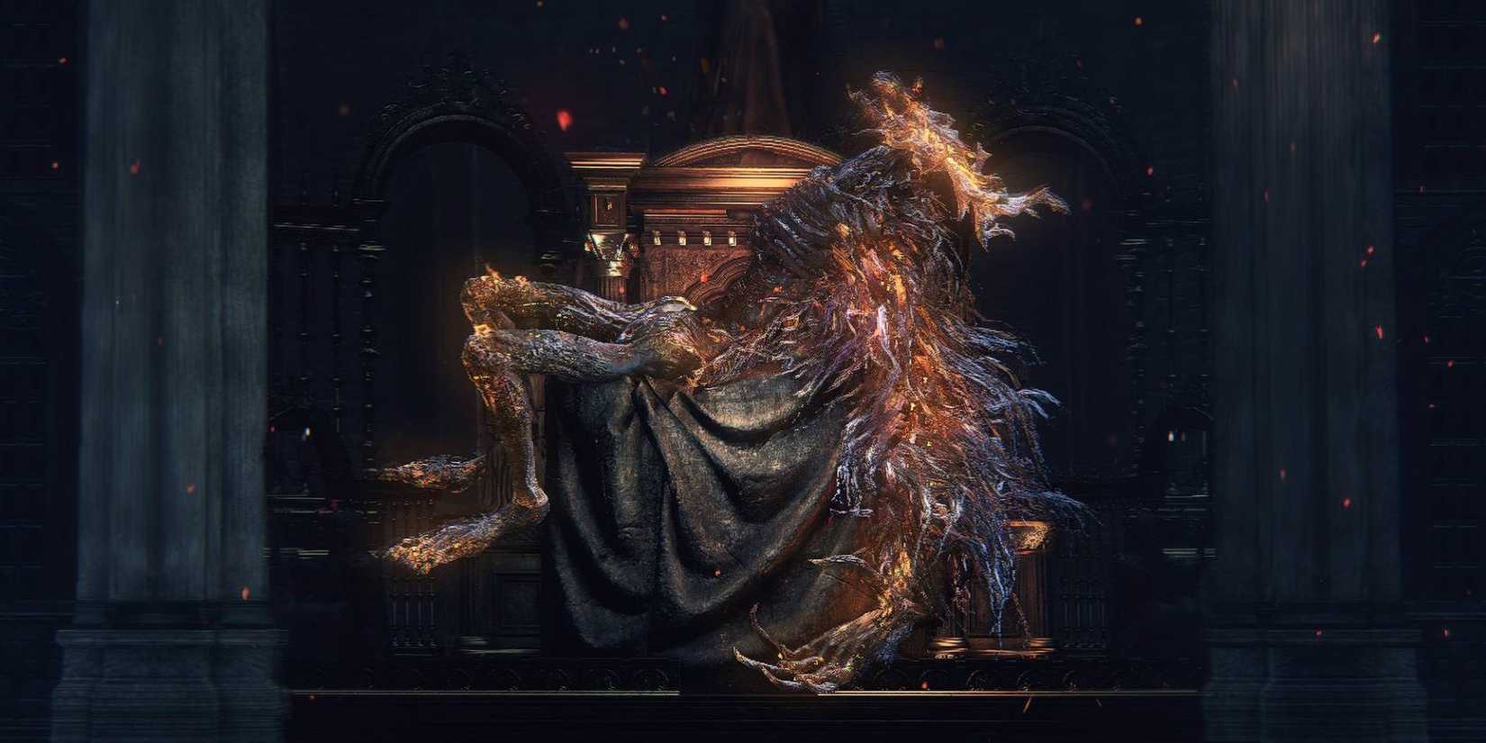 Bloodborne Laurence, The First Vicar resting on his throne.