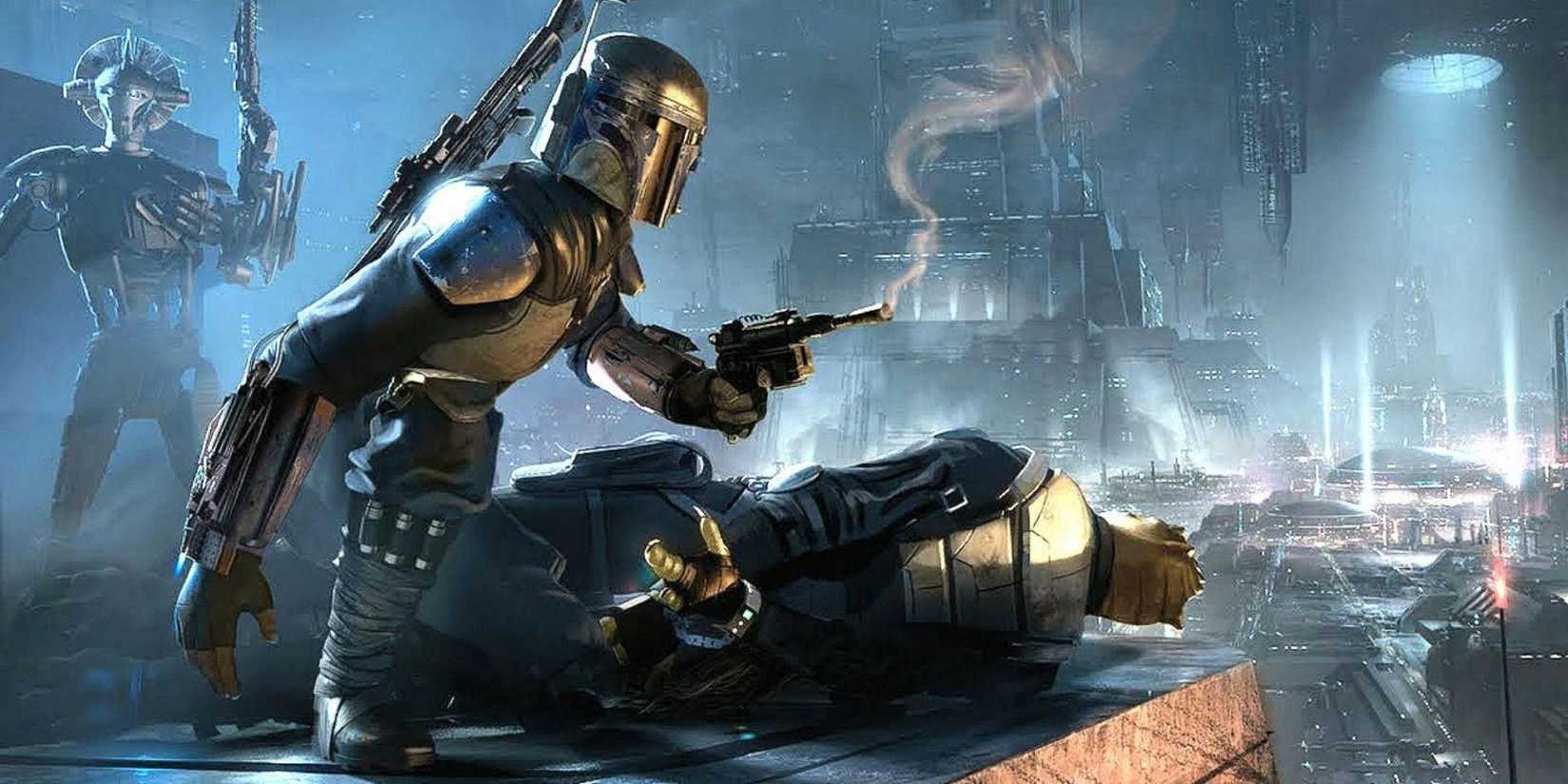 Boba Fett on a ledge after firing his blaster