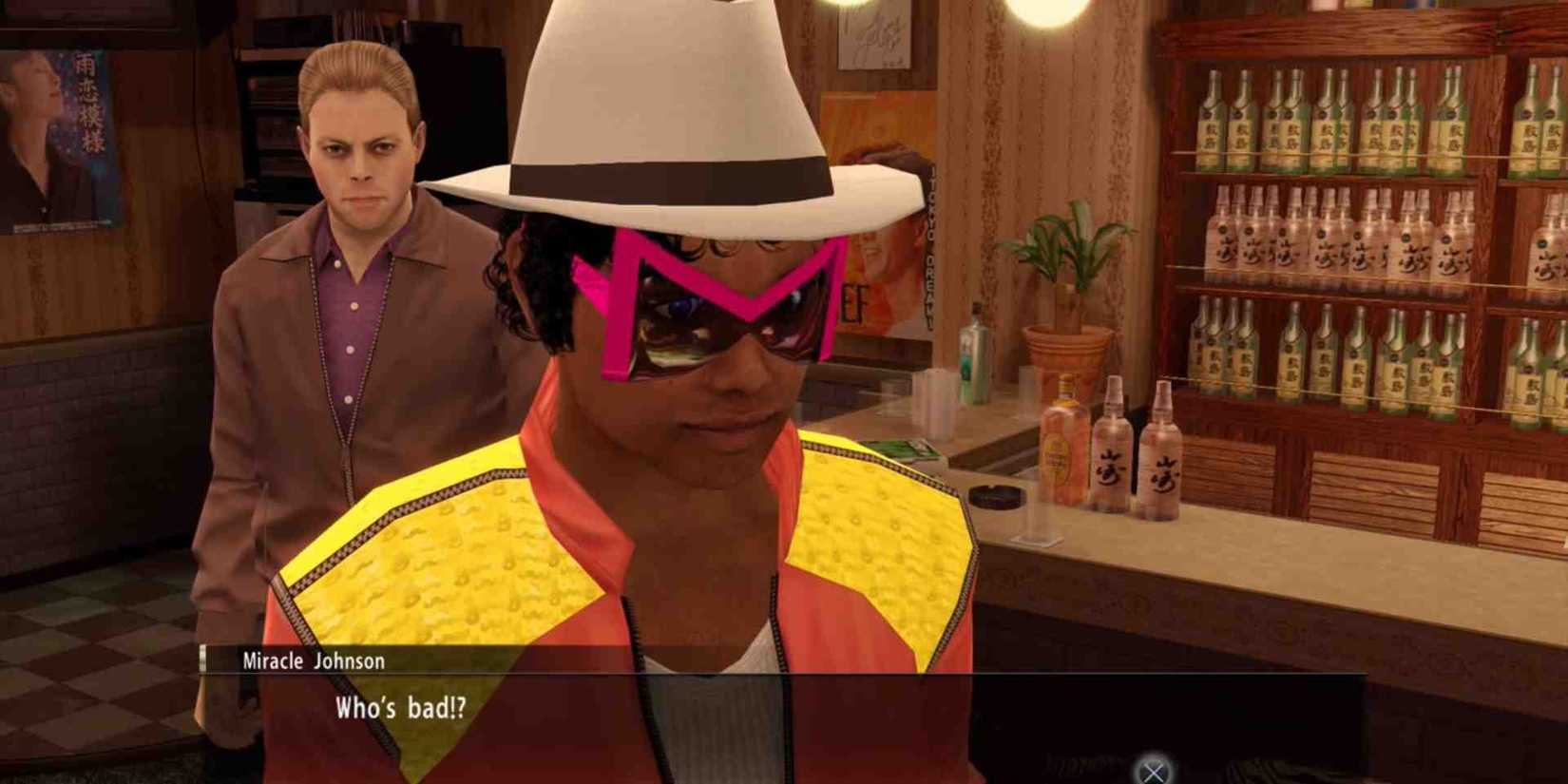 Yakuza 0 Miracle Johnson talking to Kiryu in a bar.