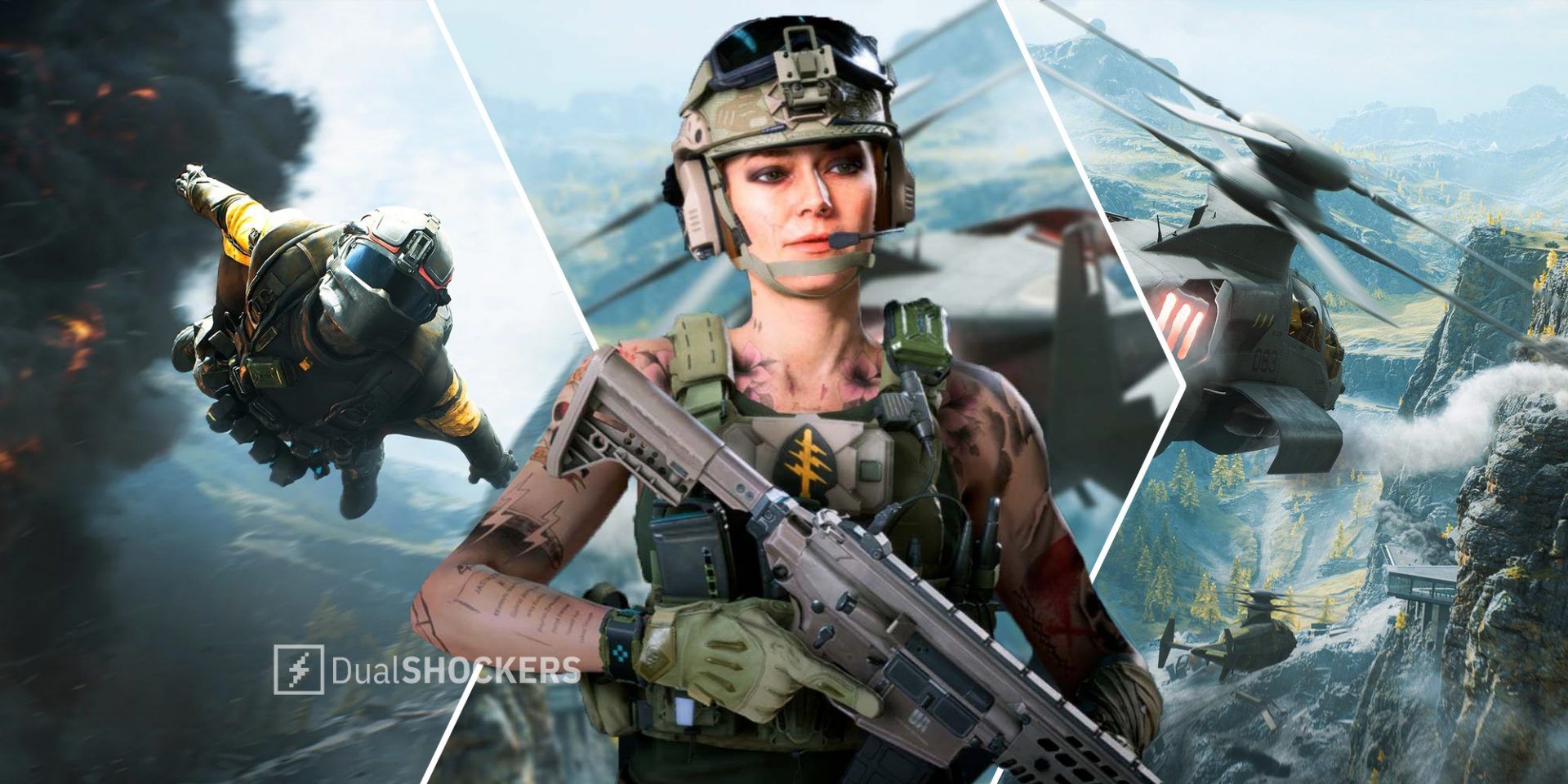Battlefield 2042 player jumping from an airplane on left, new specialist Lis in middle, helicopters on right