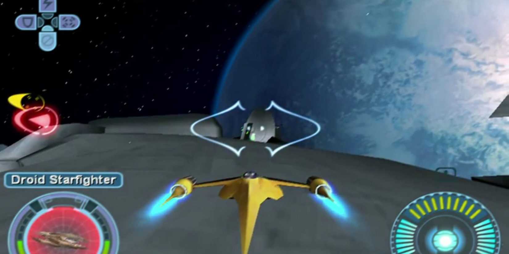 An N-1 Starfighter on the hunt for a Droid Starfighter
