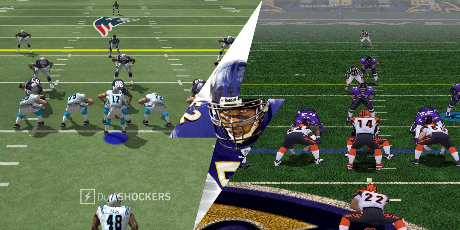 Madden 2005 on left, Madden 2005 cover Ray Lewis in middle, ESPN NFL 2k5 on right