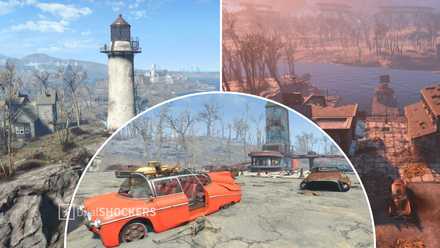 Fallout 4 Kingsport Lighthouse on the left, Starlight Drive-in in the middle, Egret Tours Marina on the right