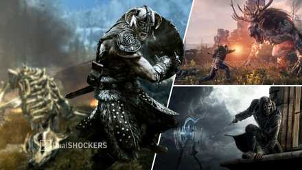 Elder Scrolls V Skyrim Dovahkiin left, The Witcher 3: Wild Hunt Geralt top right, Dishonored Corvo bottom right
