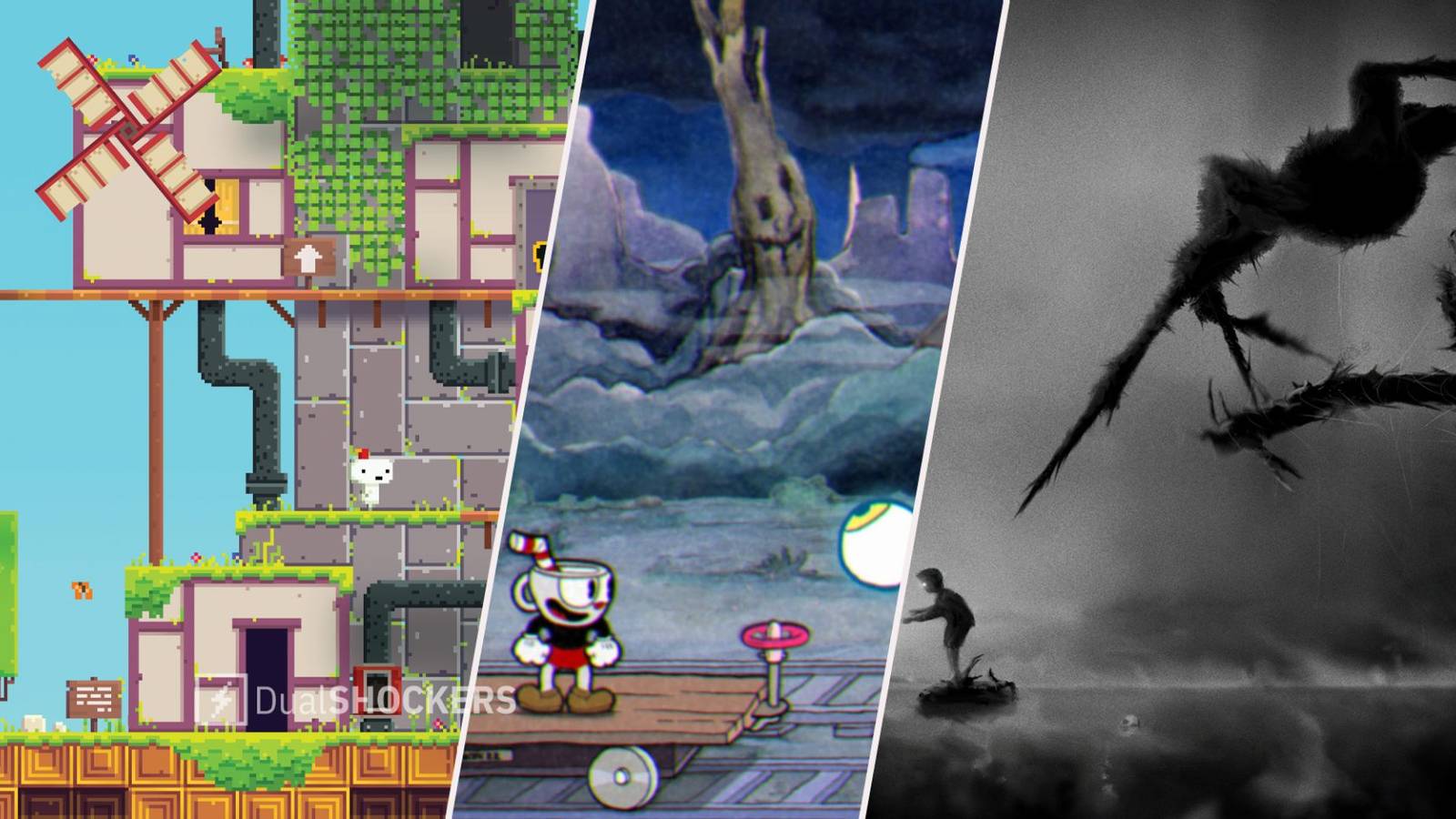 Fez on left, Cuphead in middle, Limbo on right