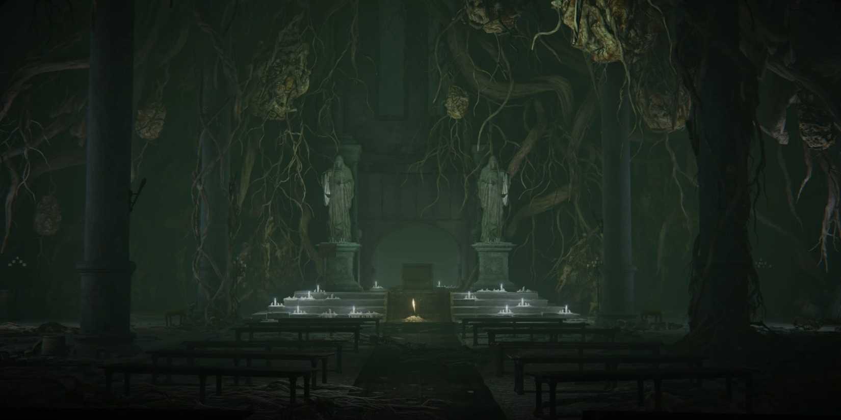 This is a wide angle shot of the Cathedral of the Forsaken in Elden Ring. It shows the entire room and everything within it.