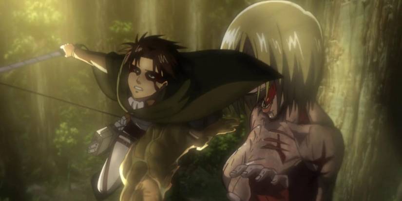 Levi Holding Eren Escaping from Female Titan