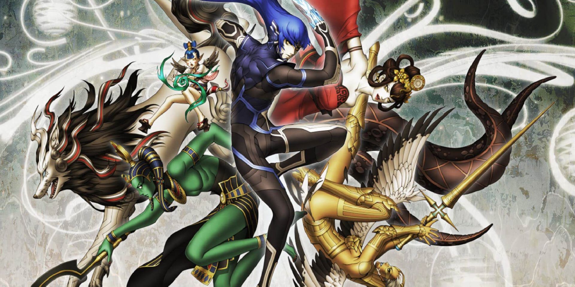 The Nahobino from SMT V brandishing their sword amid a collection of demons.