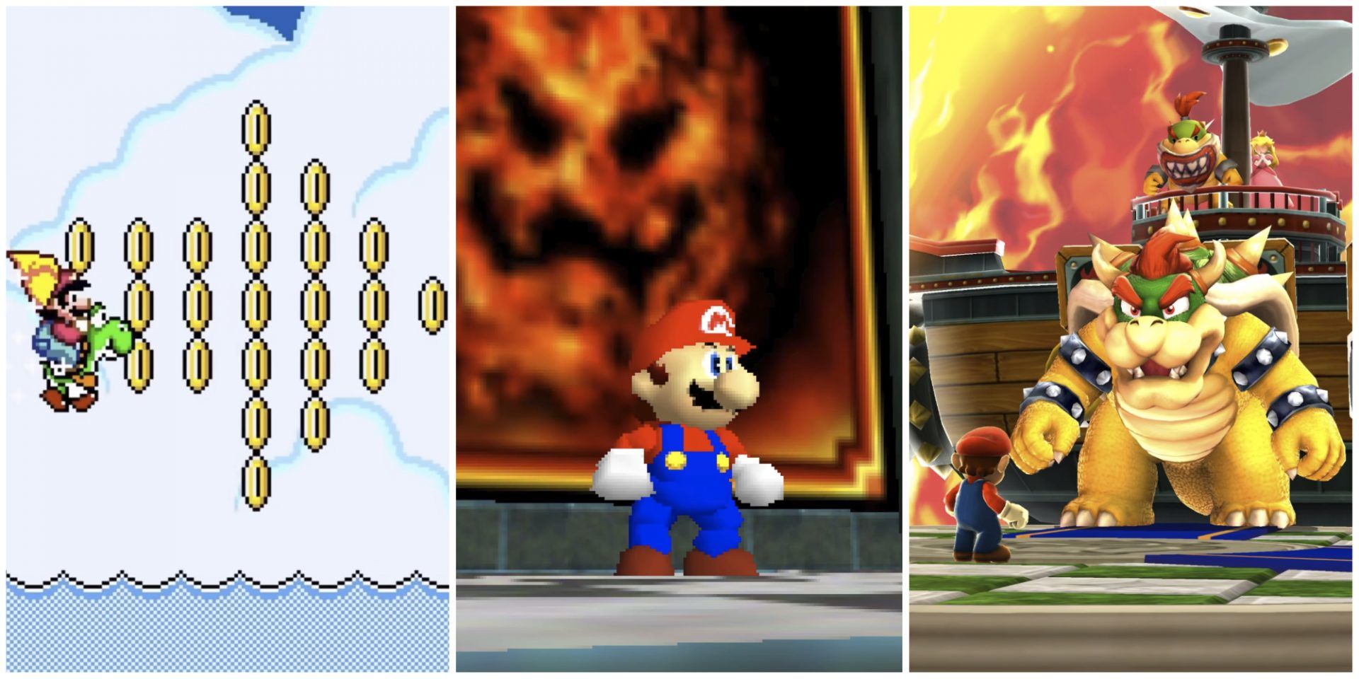 Super Mario World Mario Riding Yoshi Grabbing An Arrow Of Stars And Mario 64 Bowswer Potrait And Mario Odyssey Mario And Bowser Boss Fight Ship Cinematic