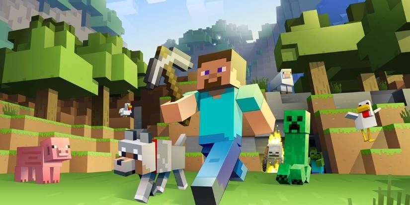 Minecraft Steve walking with a dog.