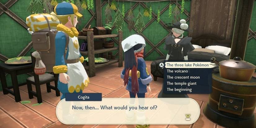 Cogita standing before the player and Volo as they discuss Hisui's Pokemon and mysteries.