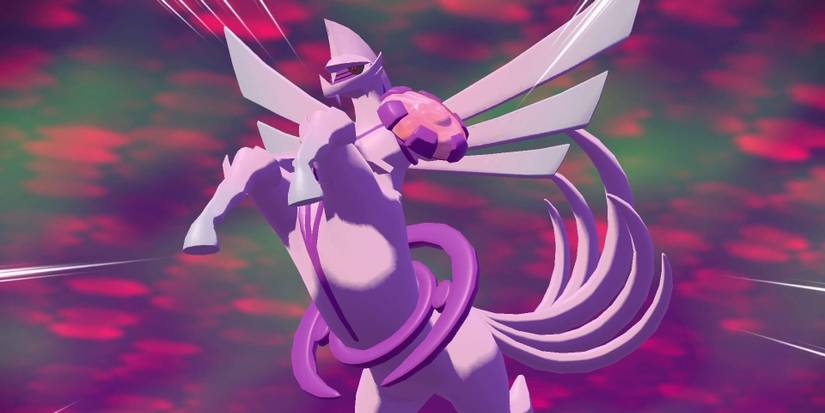 Palkia in its Origin Forme letting out its cry as it reels back in Pokemon Legends: Arceus