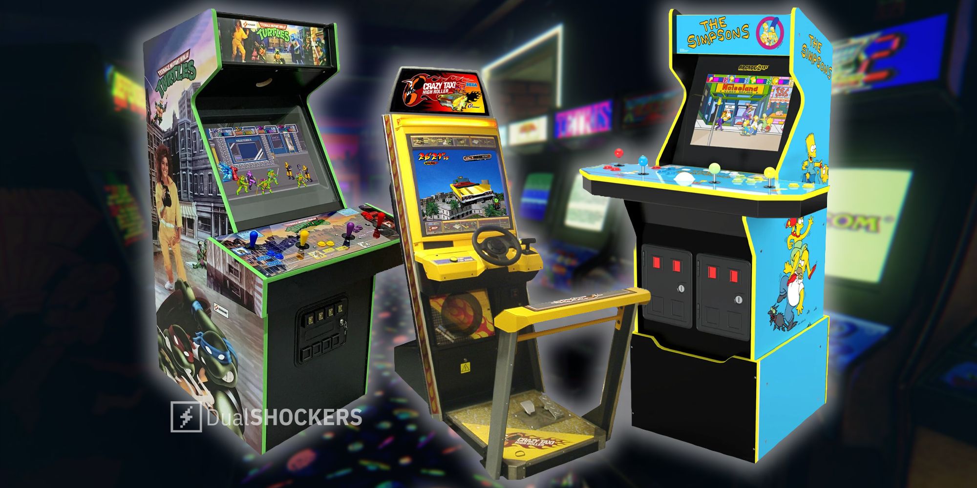 Teenage Mutant Ninja Turtles arcade cabinet on left, Crazy Taxi arcade cabinet in middle, The Simpsons arcade cabinet on right