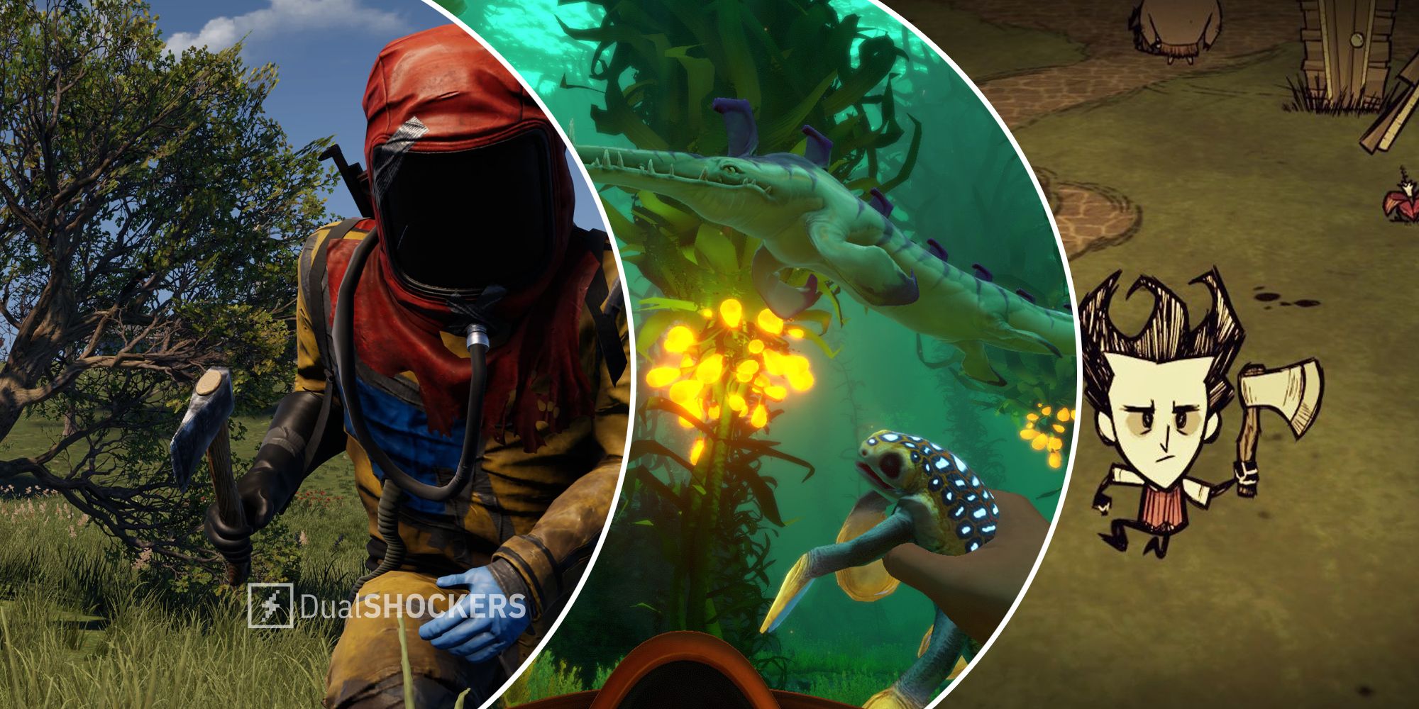 Rust on left, Subnautica in middle, Don't Starve Together on right