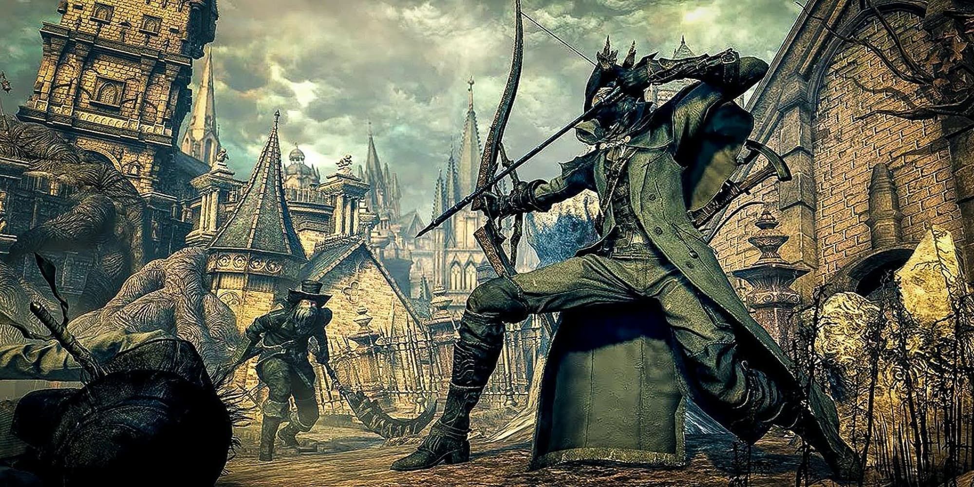 Bloodborne player uses a bow to attack a monster