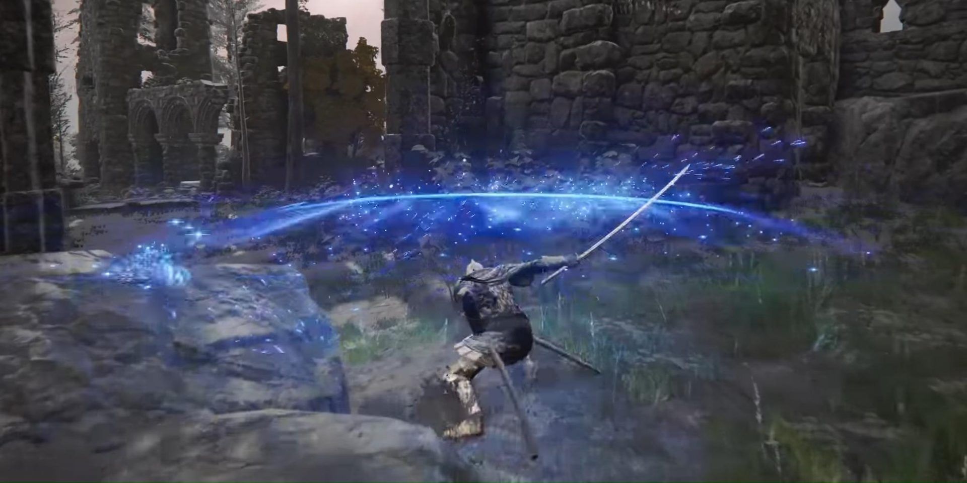 This image is a showcase of the Transient Moonlight attack with Moonveil in Elden Ring.