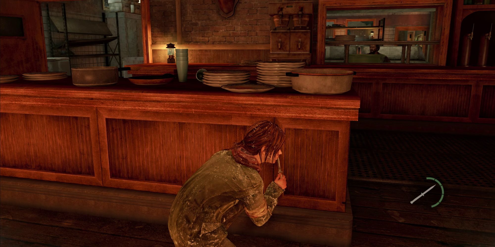TLOU Ellie hides behind a dining room counter from the inevitable consequence of her and Joels reckless actions I sure hope an entire other game doesnt build itself around the same premise - in The Last of Us' Winter Chapter