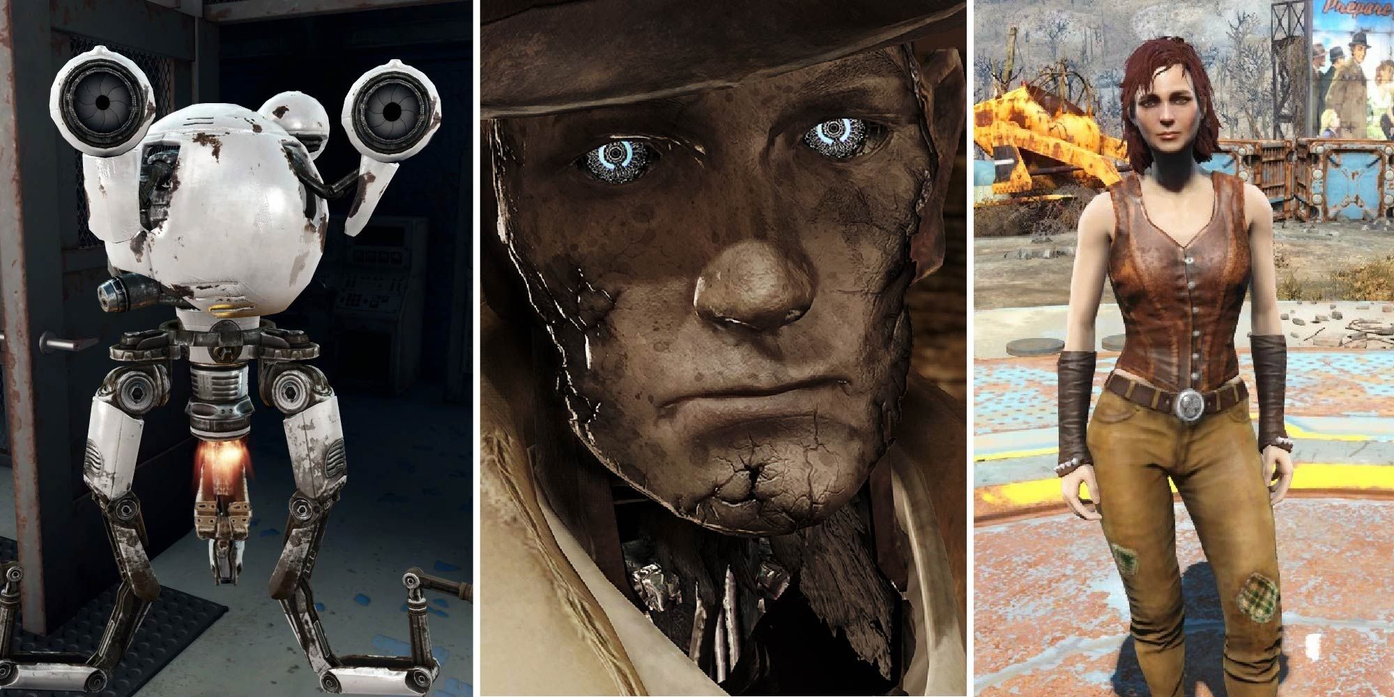 A split image featuring Curie (left) Nick Valentine (middle) and Cait (right).