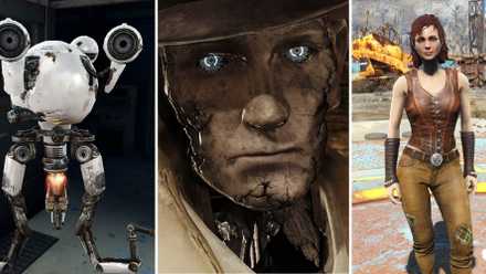 A separate photo featuring Curie (left) Nick Valentine (centre) and Cait (right).