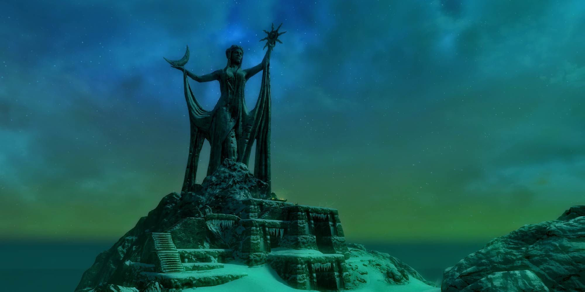 The Shrine of Azura at twilight in Skyrim.