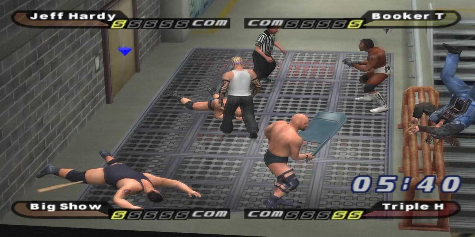 Several wrestlers duking it out in a brutal backstage brawl in WWE Smackdown: Shut Your Mouth.