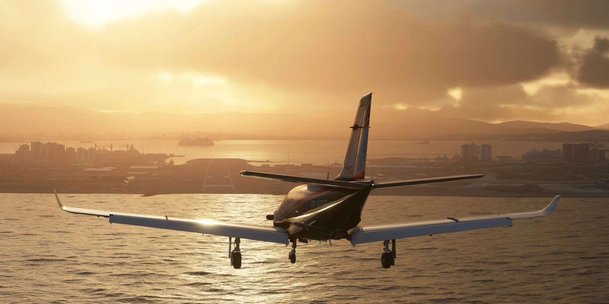Microsoft Flight Simulator Small Plane Flying Over Water At Sunset