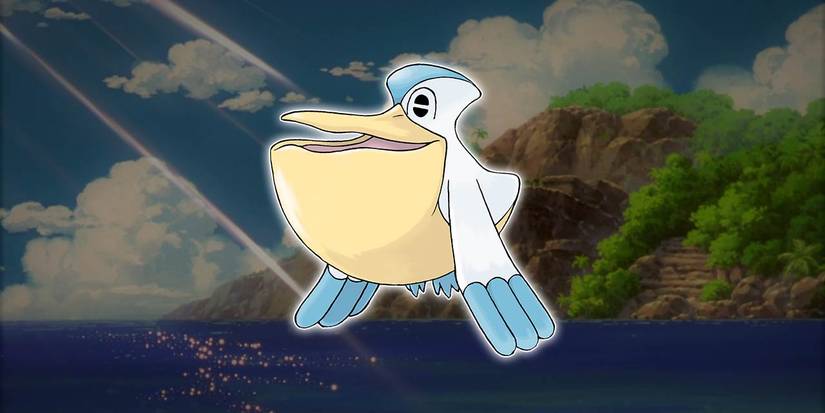 The Pokémon Pelipper in front of a sunny coastal island.