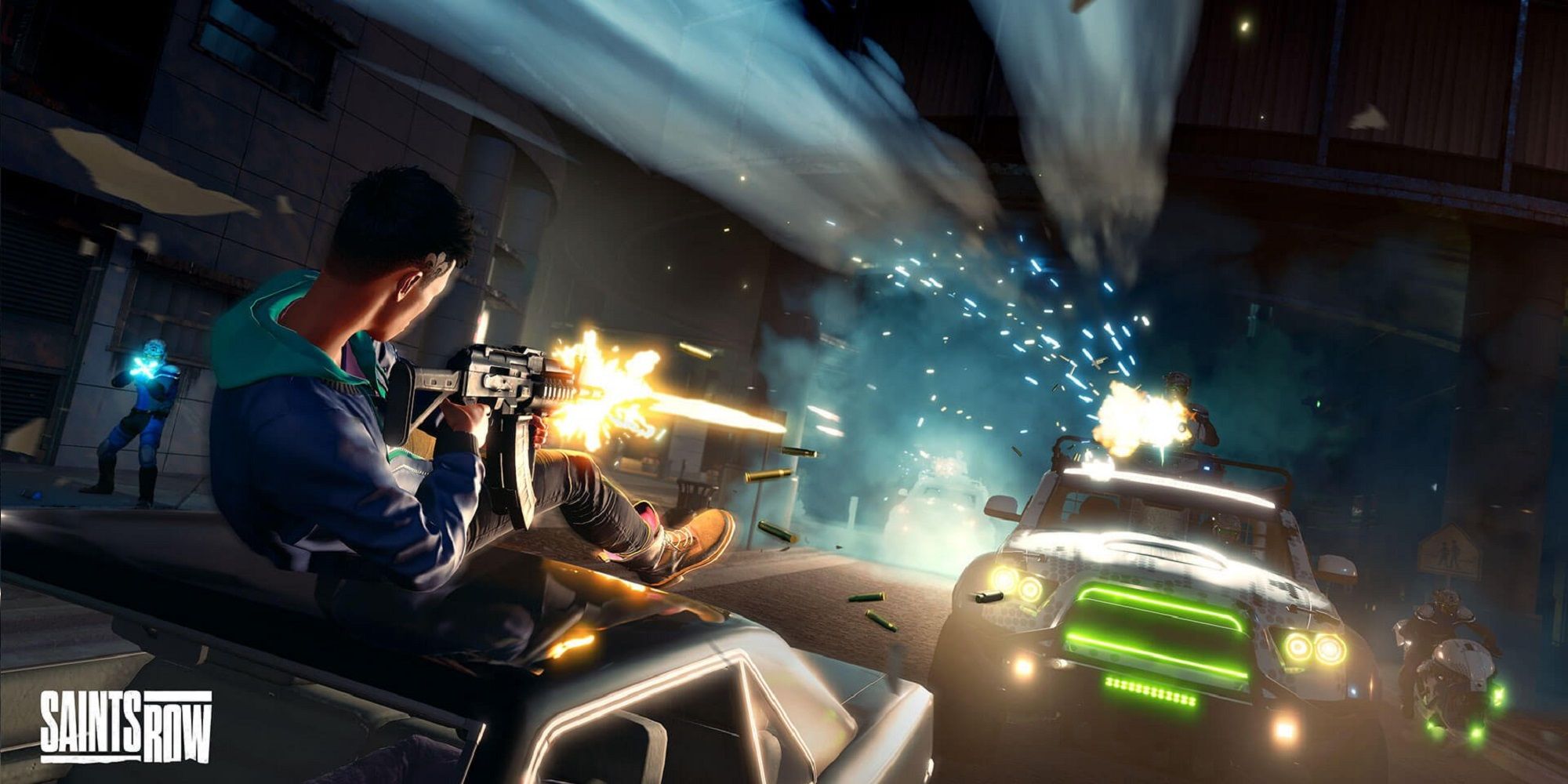 Saints Row protagonist shooting at enemies escaping on the roof of a car
