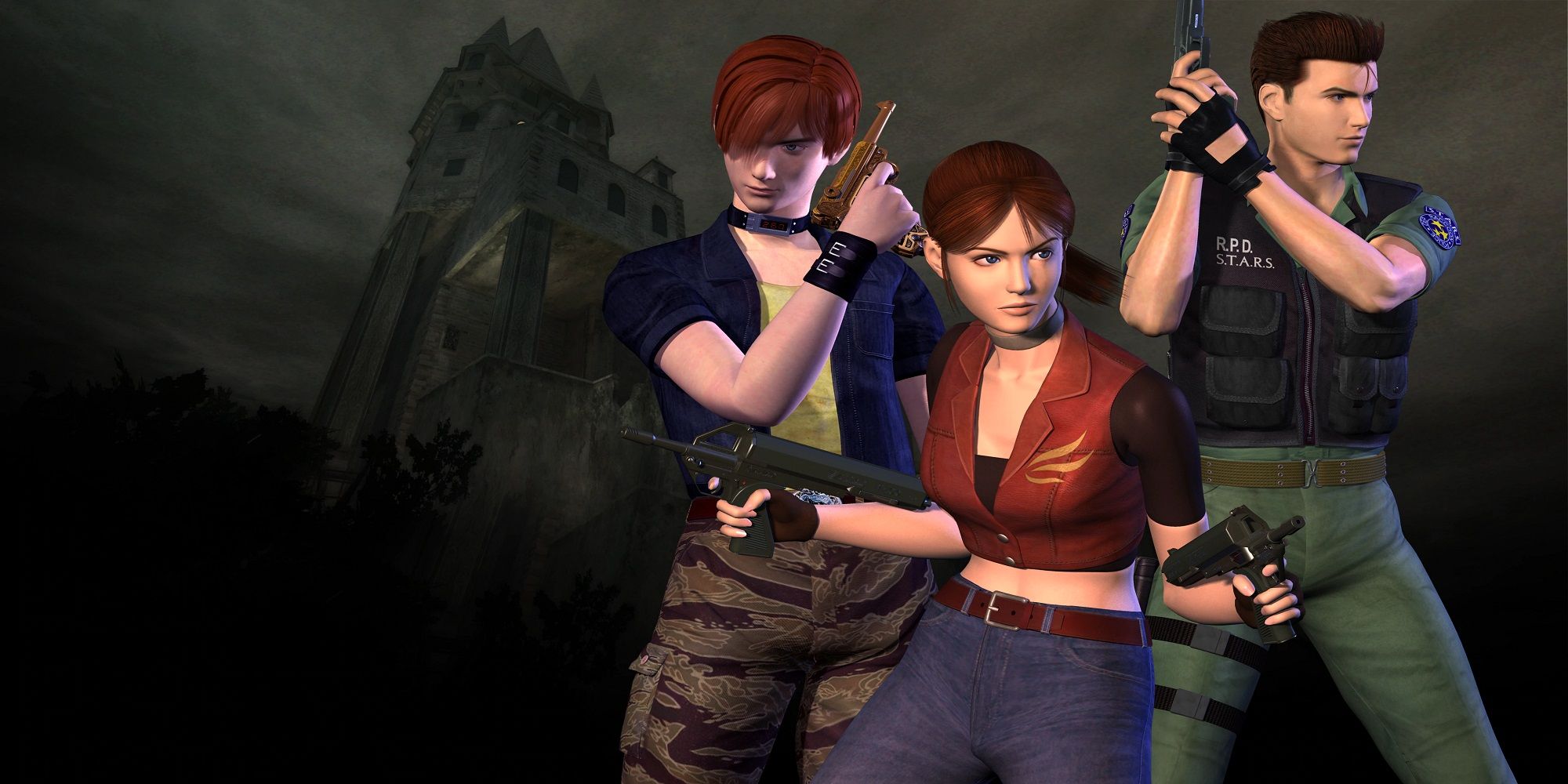 claire redfield, chris redfield and steve burnside from resident evil code veronica stand together