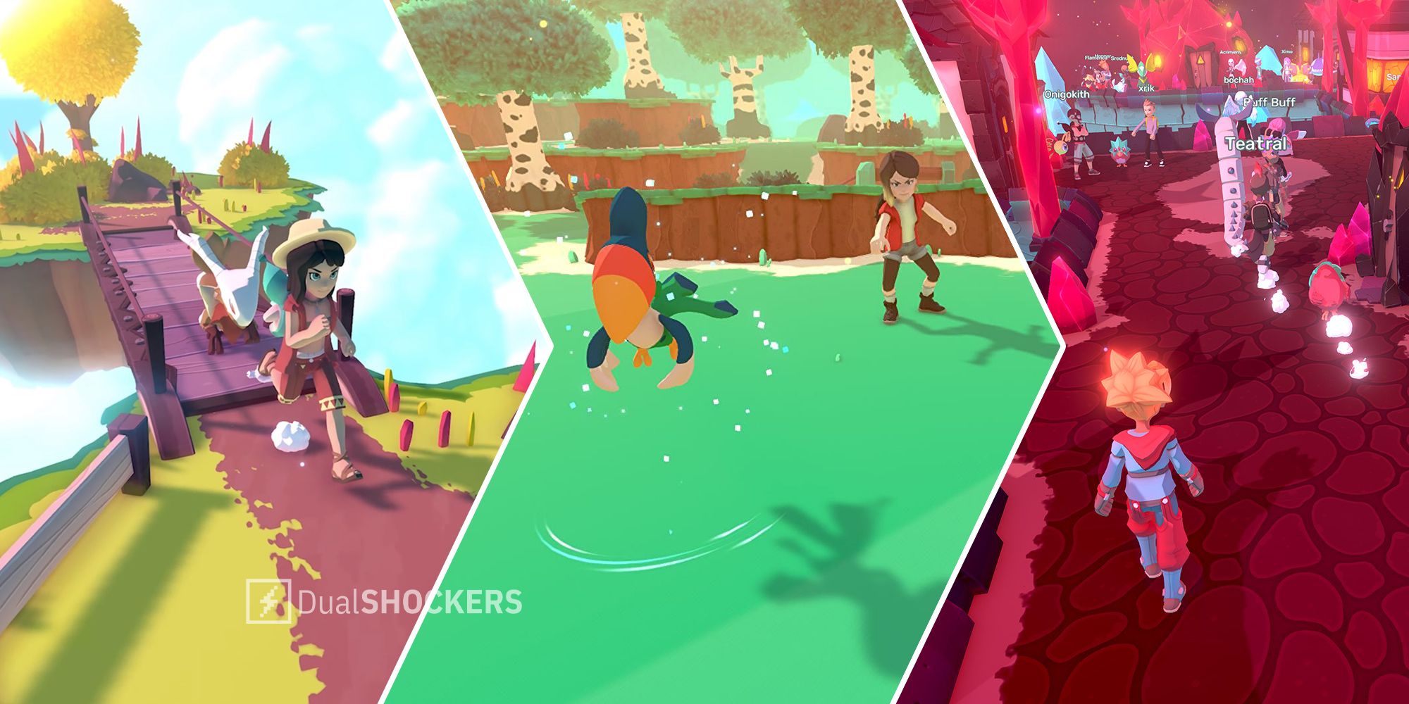 Temtem gameplay with player running across a bridge, battling, and walking through town