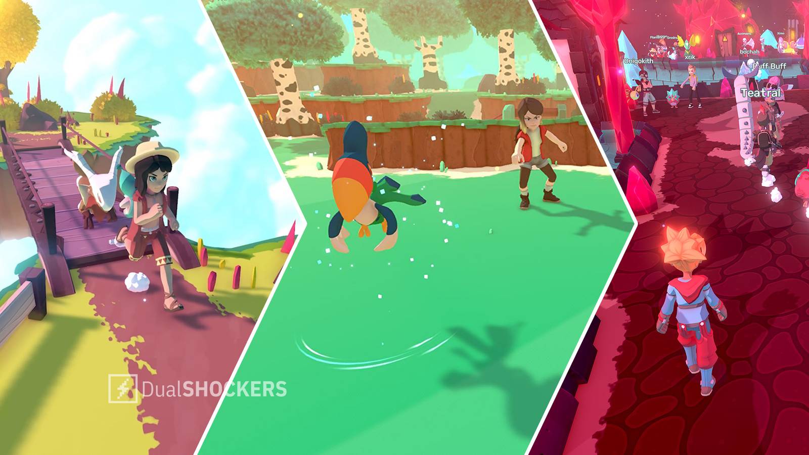 Temtem gameplay with player running across a bridge, battling, and walking through town
