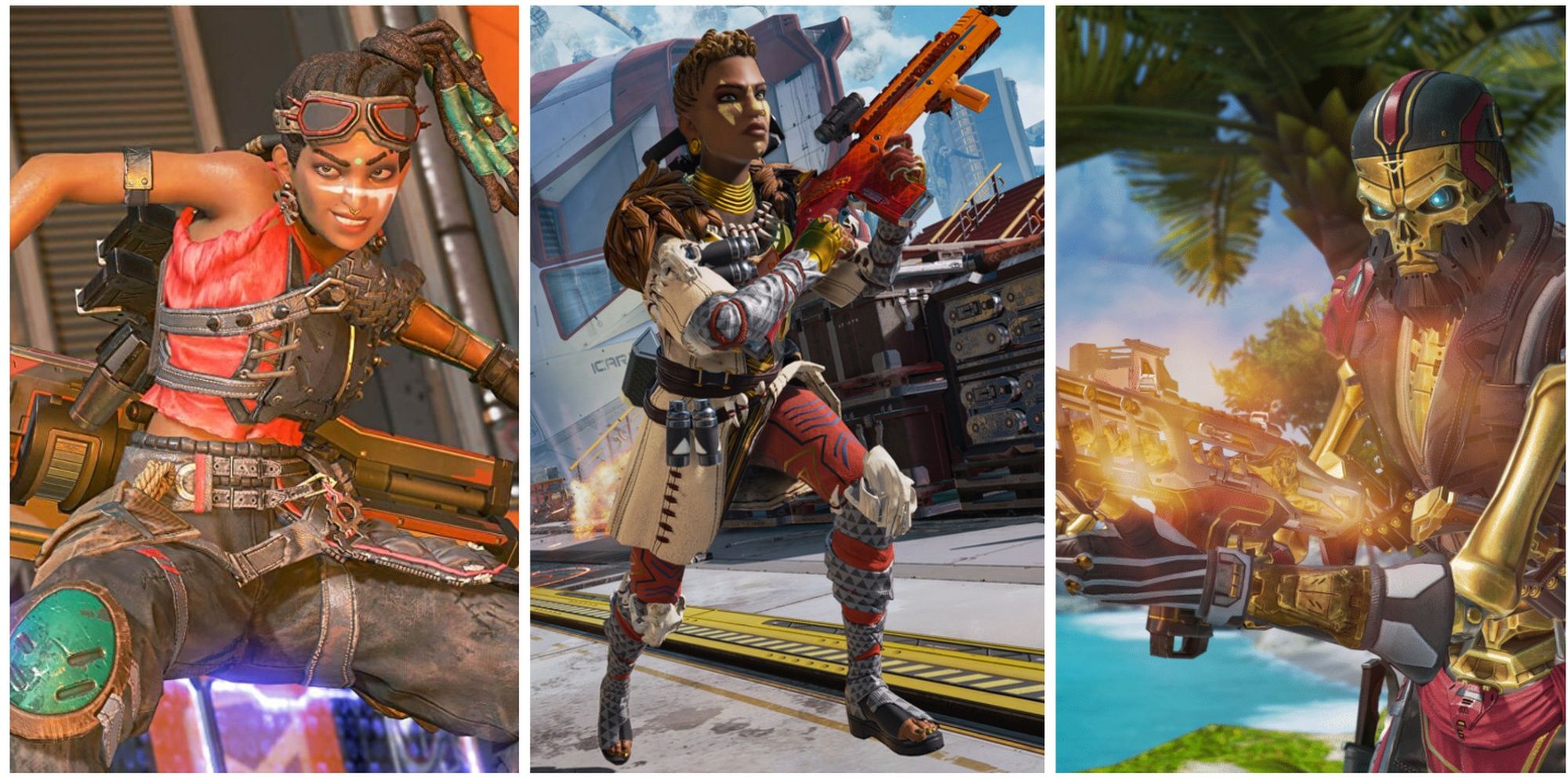 Rampart Smirking, Bangalore running, and Revenant firing gun collage