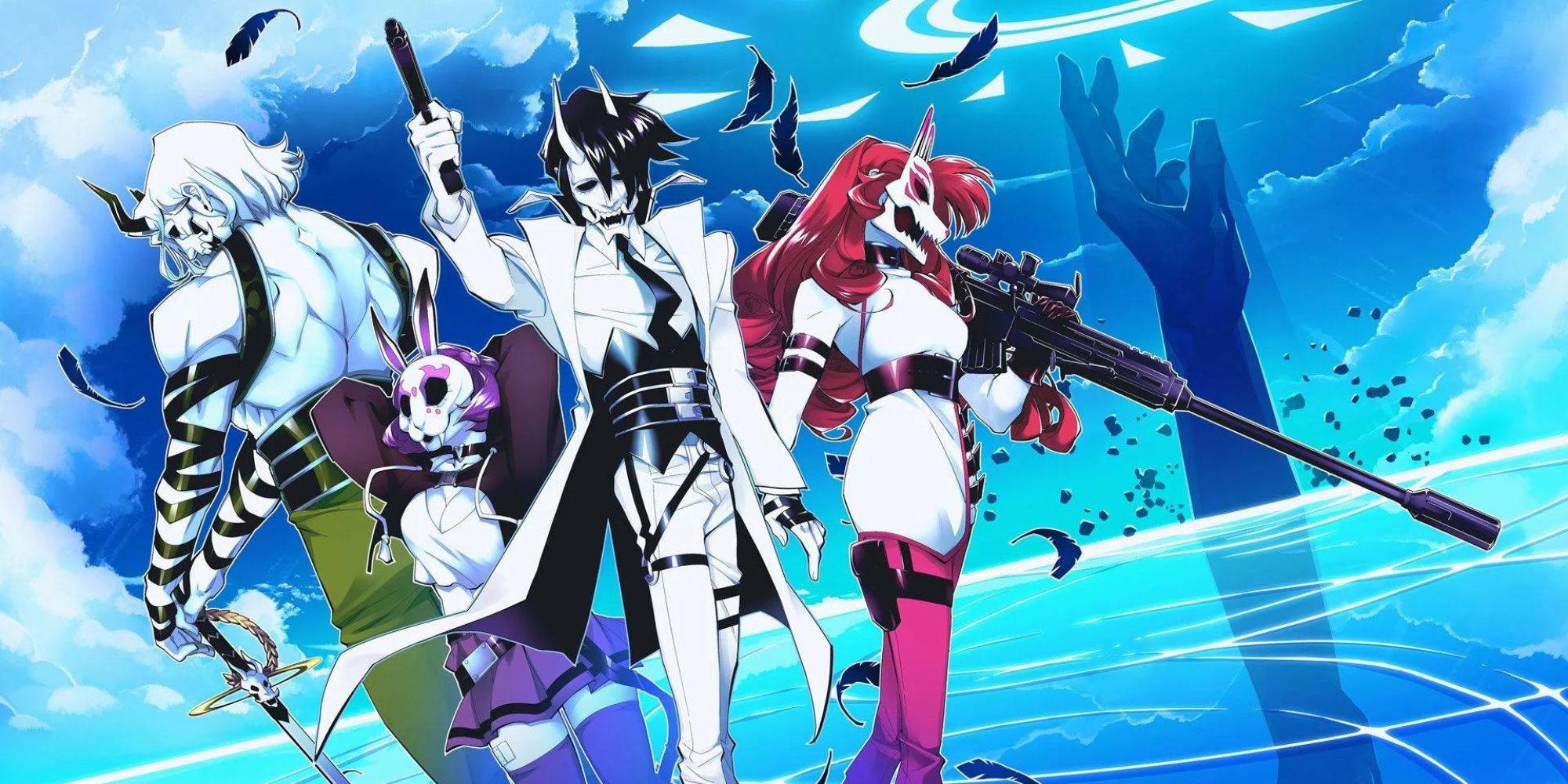 Image shows four figures wearing white masks on a blue backdrop.