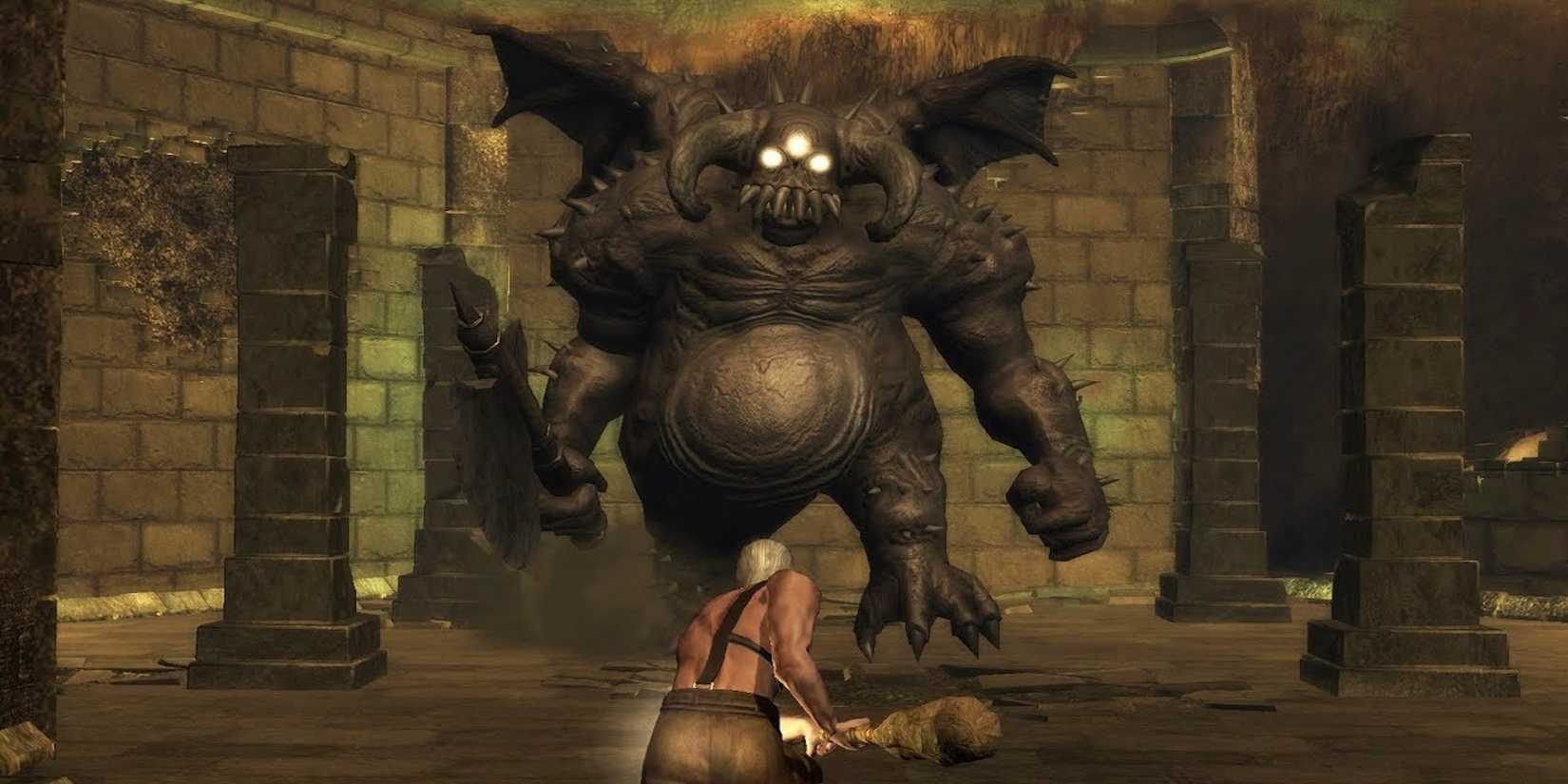 The Vanguard about to attack the player (Demon's Souls)