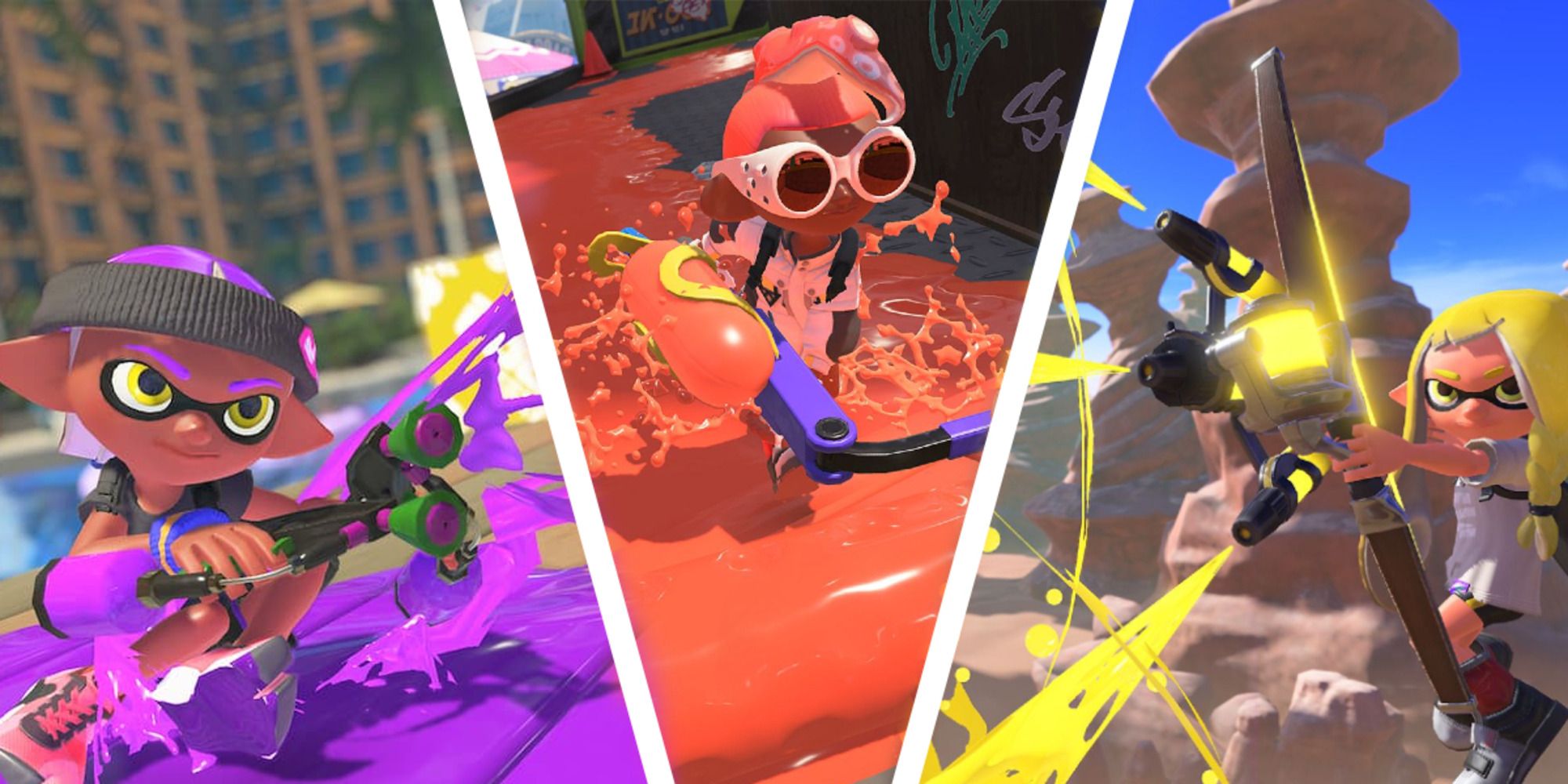 A purple Inkling with Dualies on the left, orange Octoling with a Roller in the center, and yellow Inkling with a Stringer on the right in Splatoon 3.