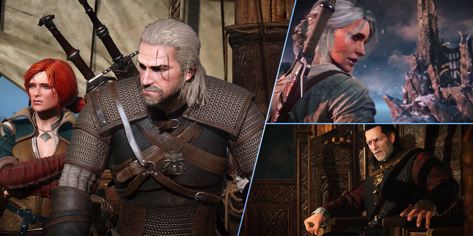 The Witcher 3 split image Geralt with Triss, Ciri, and Emhyr
