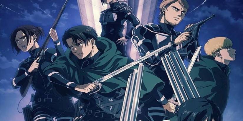 Les personnages principaux d'Attack On Titan posent debout avec des armes dégainées sur un ciel bleu-violet en arrière-plan
