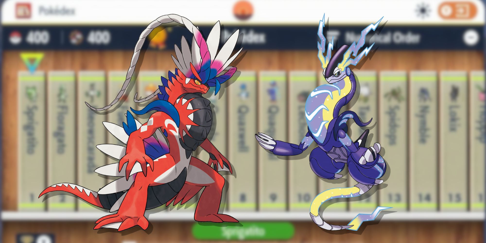 Image of the Pokedex in the background and Koraidon and Miraidon in the foreground in Pokemon Scarlet & Violet.