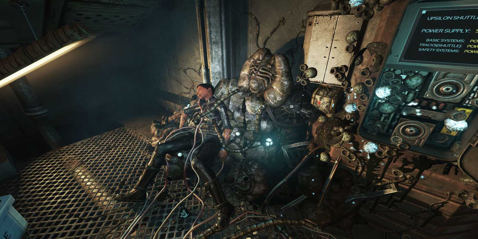 Character lying on the ground with wires around them (SOMA Video Game)