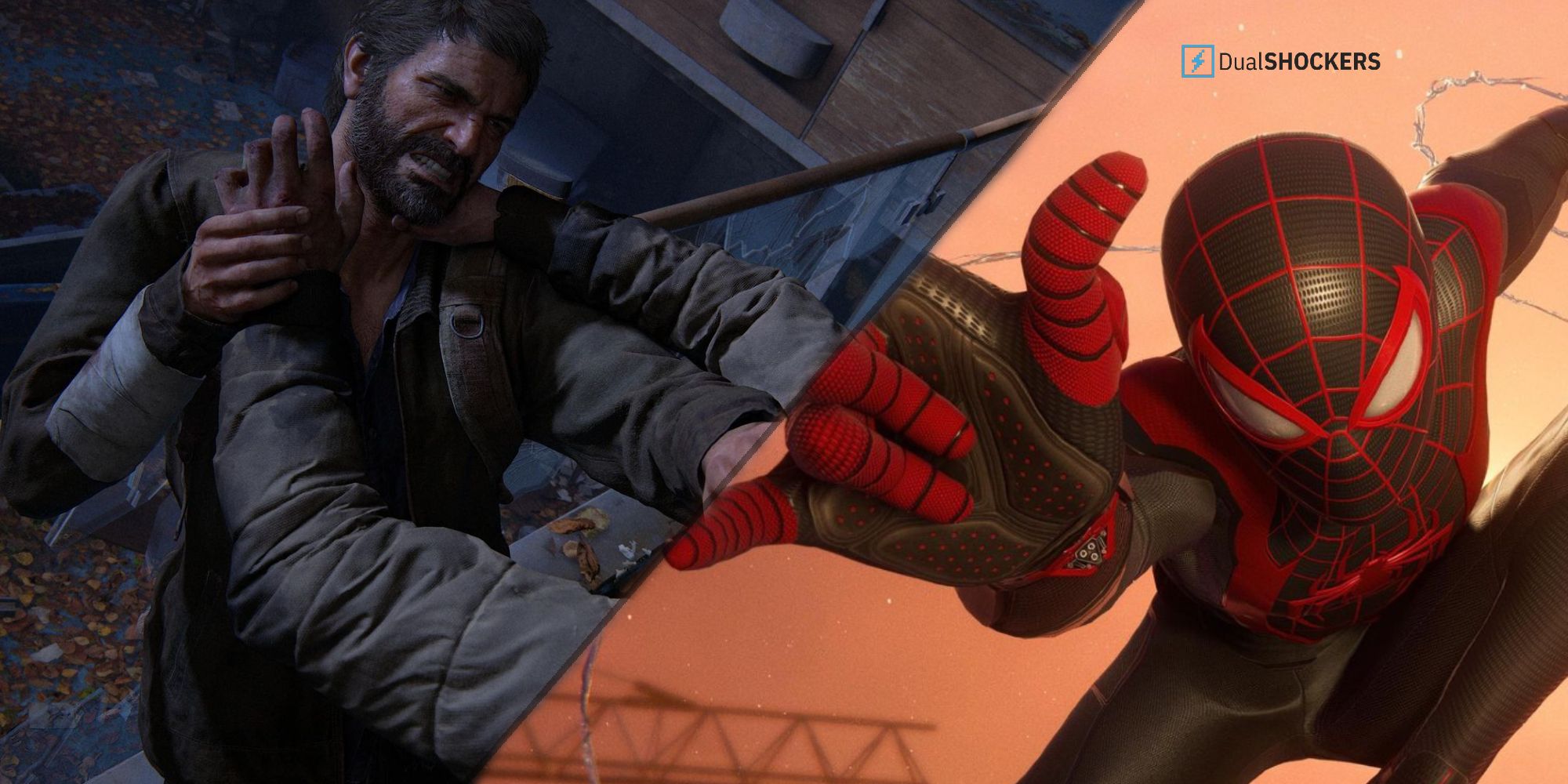 Split Image Left Side Last Of Us Joel Being Choked Right Side Spider Man Miles Morales