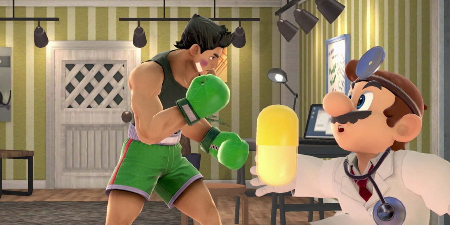 دکتۆر ماریۆ لەکاتی نمایشکردنی Up Taunt ی خۆی لە تەنیشت لیتل ماکێکی کێشراو لە فیلمی Super Smash Bros. Ultimate.