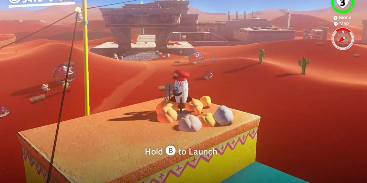 Super Mario Odyssey Sand Kingdom Mario is on the roof like a rocket