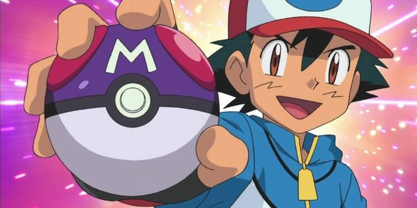 Pokémon anime Ashe tenant un maître pokeball