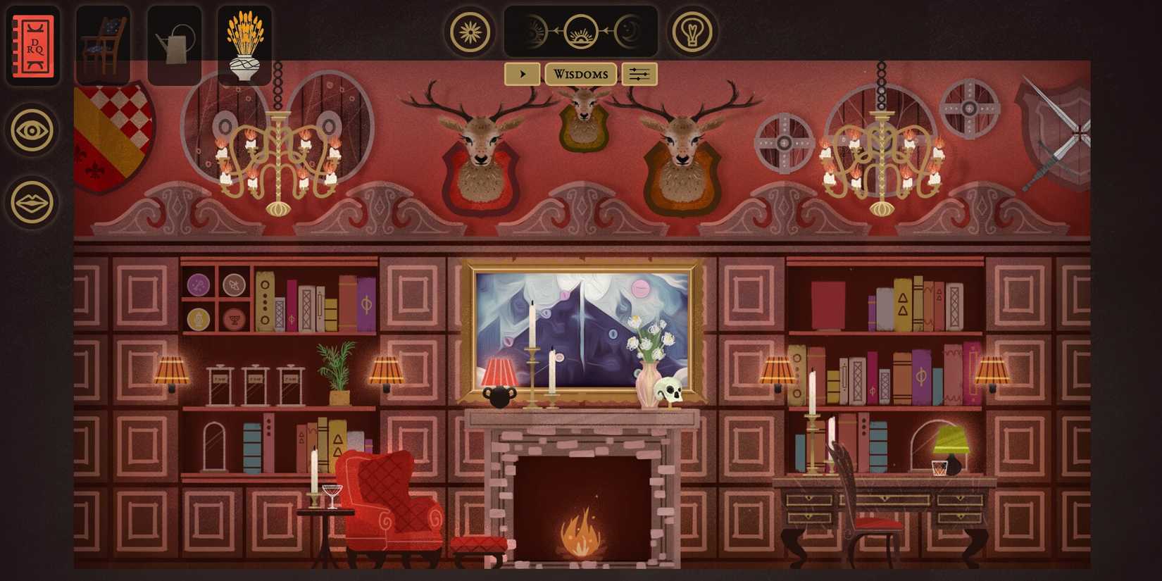 A cozy looking den from Book of Hours with a fireplace and shelves covered with books. Stags heads are mounted on the wall.