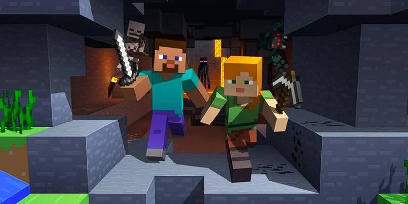 Two players leaving a cave being chased by monsters