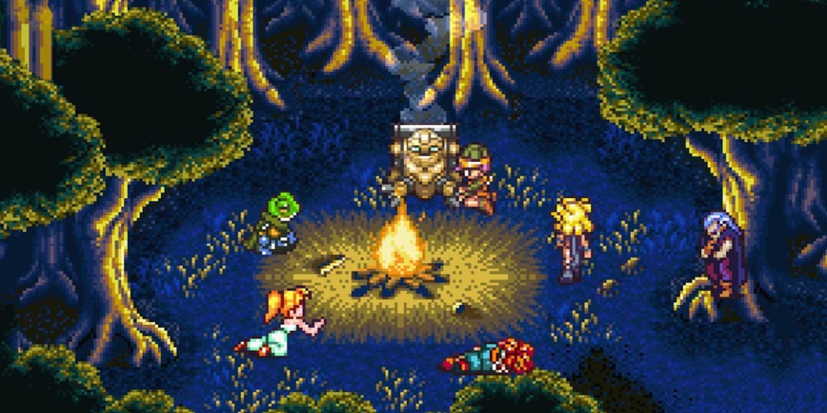 Chrono Trigger's main characters gather around the fire