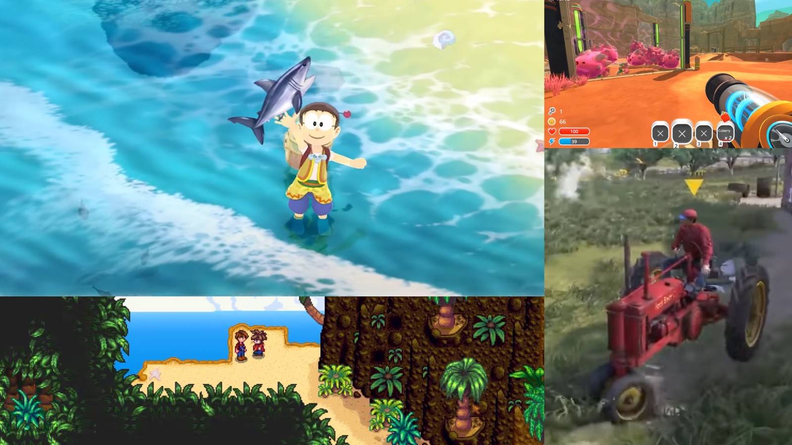 Collage of games: Doraemon, Farmer's dynasty, Slime Rancher, Stardew Valley