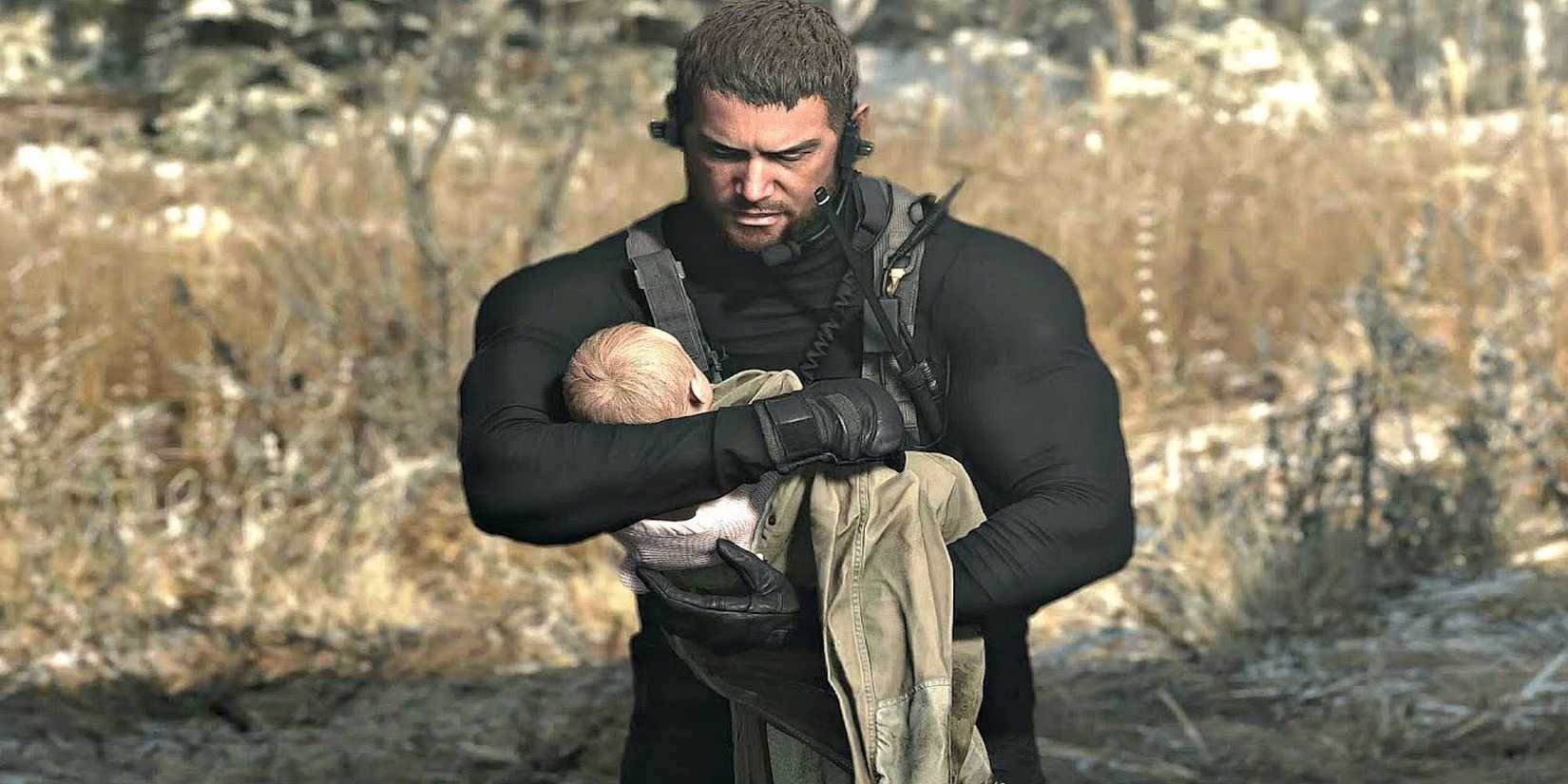 Chris Redfield holding Rose (Resident Evil 8)