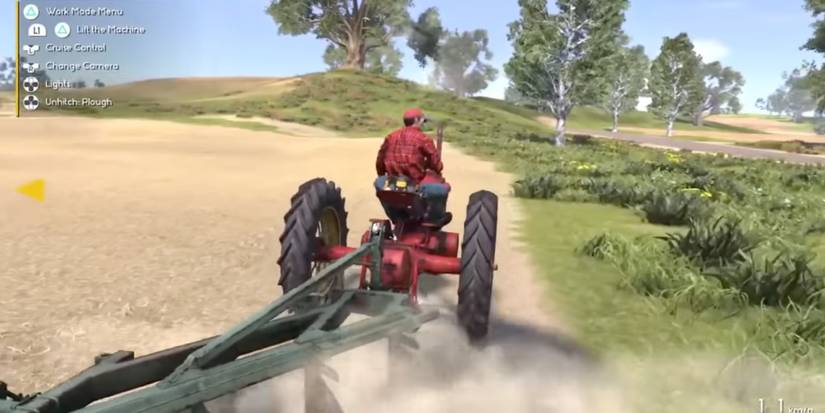 Player plowing a field with a red tractor